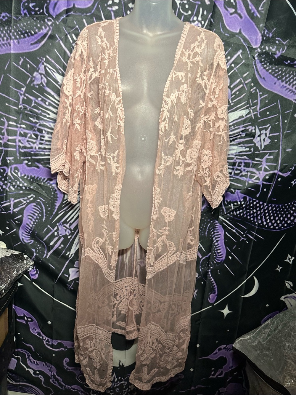 Source Unknown Blush Pink Sheer Lace Kimono Tunic
